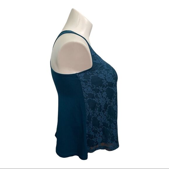 𝅺mudd Women's Lace Overlay Racerback Style Tank‎ Top-Turquoise Blue - Picture 4 of 6